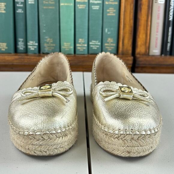 Kate Spade Gold Platform Bow Logo Leather Espadrille Sz 7.5 EUC MSRP $198 - Picture 5 of 8